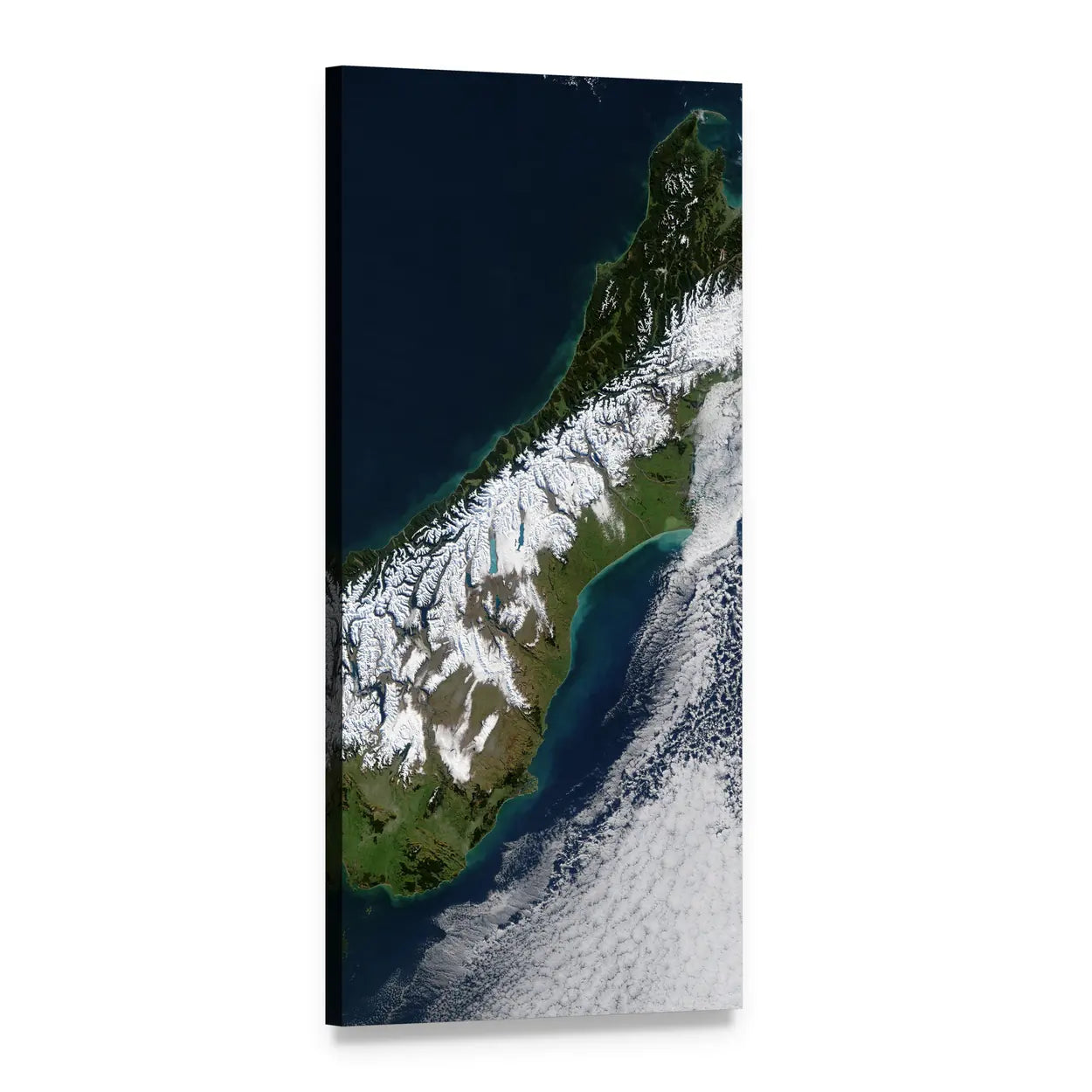 Satellite View of New Zealand Vertical Canvas Wall Art, 1 panel 1 Vertical layout gallery wrapped canvas set, angled product view