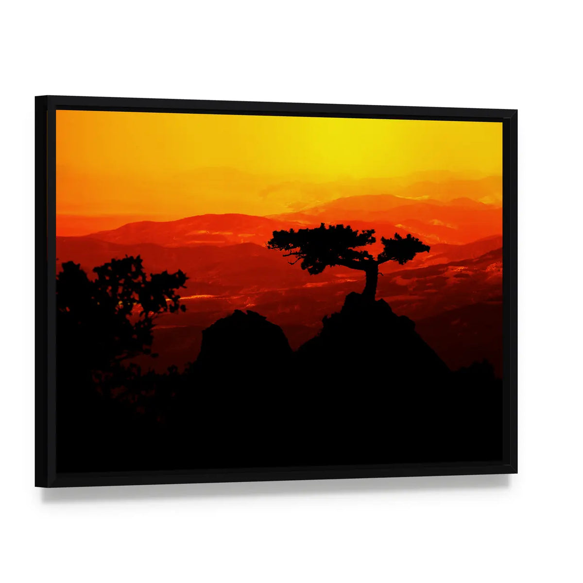 African Jungle Sunset Canvas Wall Art, framed canvas in a black floater frame, angled product view
