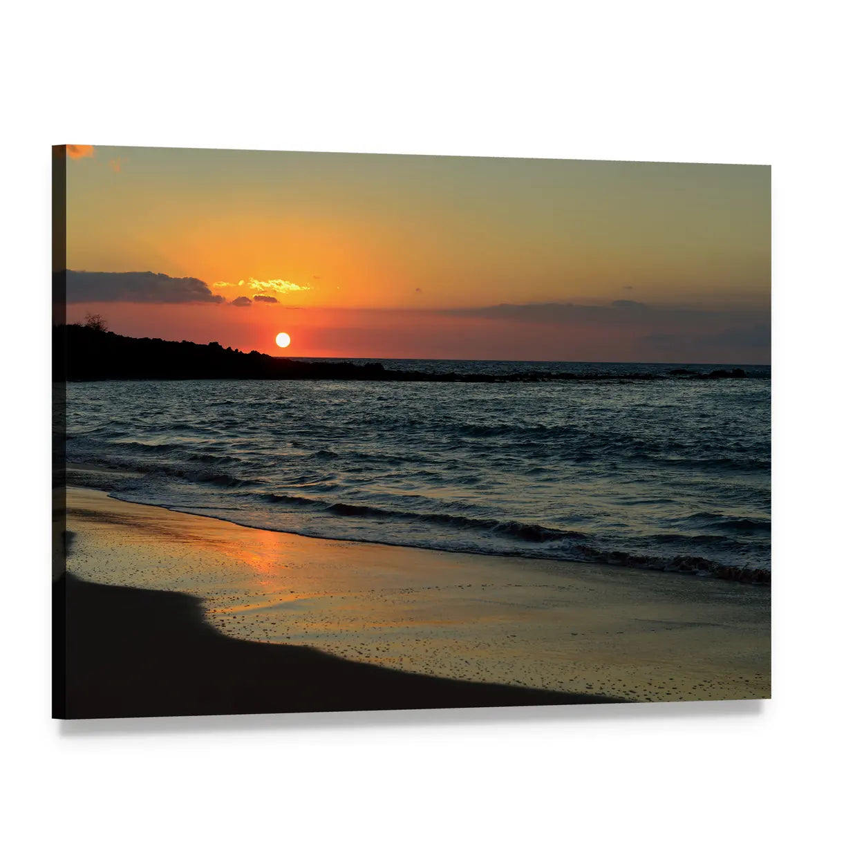 Sunset Reflection on Wet Sand Canvas Wall Art, single panel gallery wrapped canvas, angled product view