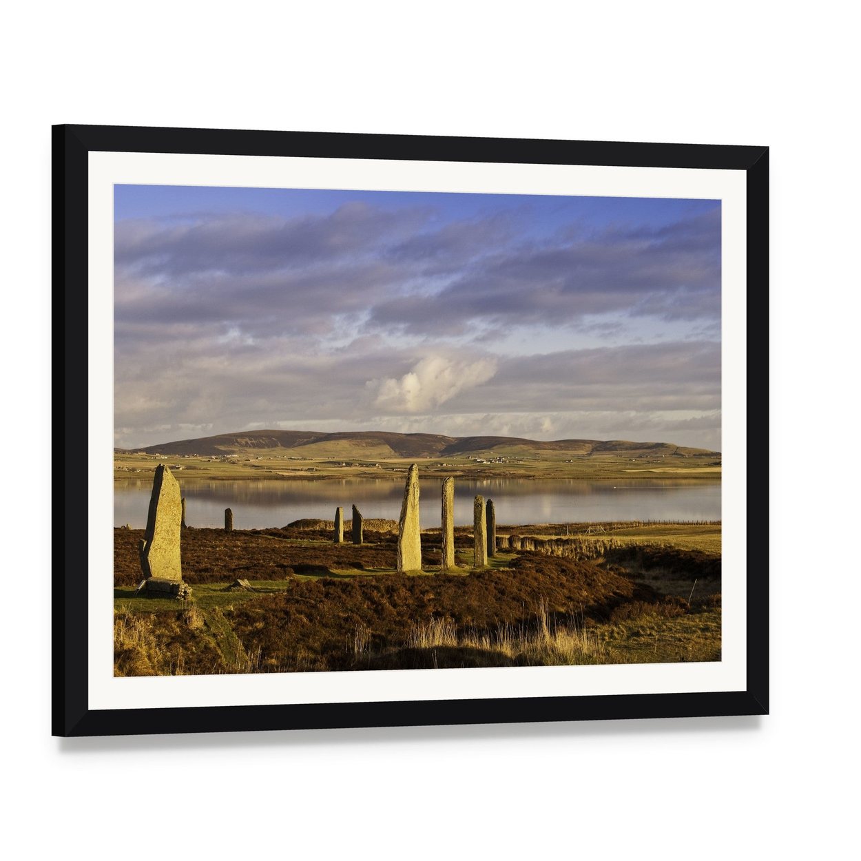Ring of Brodgar, Orkney Canvas Wall Art, framed print with white mat and black frame, angled product view