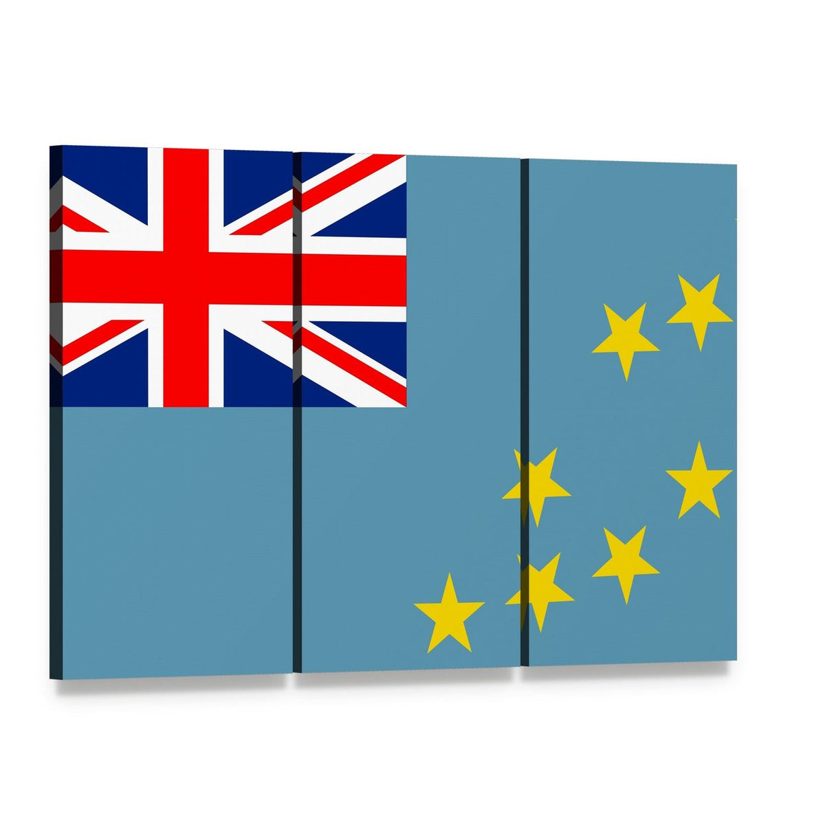 Tuvalu Flag with Union Jack and Stars Canvas Wall Art, 3 panel 3 Horizontal layout gallery wrapped canvas set, angled product view