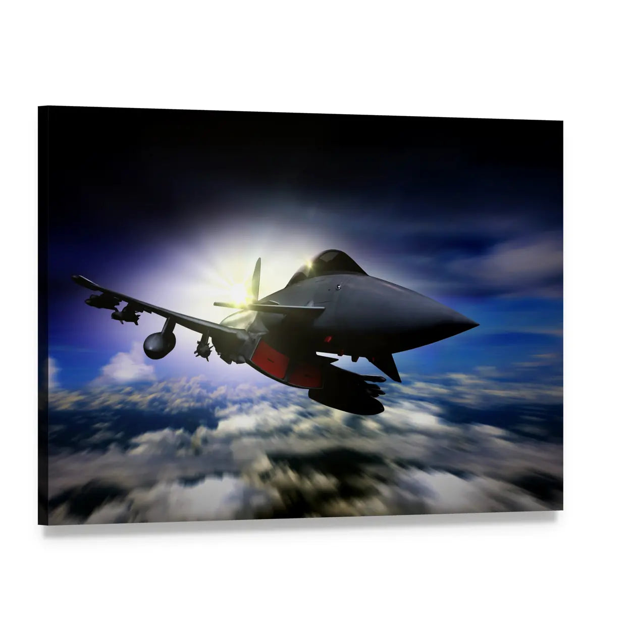 Fighter Jet at Sunrise Canvas Wall Art, single panel gallery wrapped canvas, angled product view