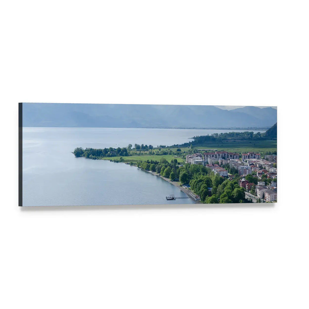 Lake Ohrid Coastline Panoramic Canvas Wall Art, single panel gallery wrapped canvas, angled product view