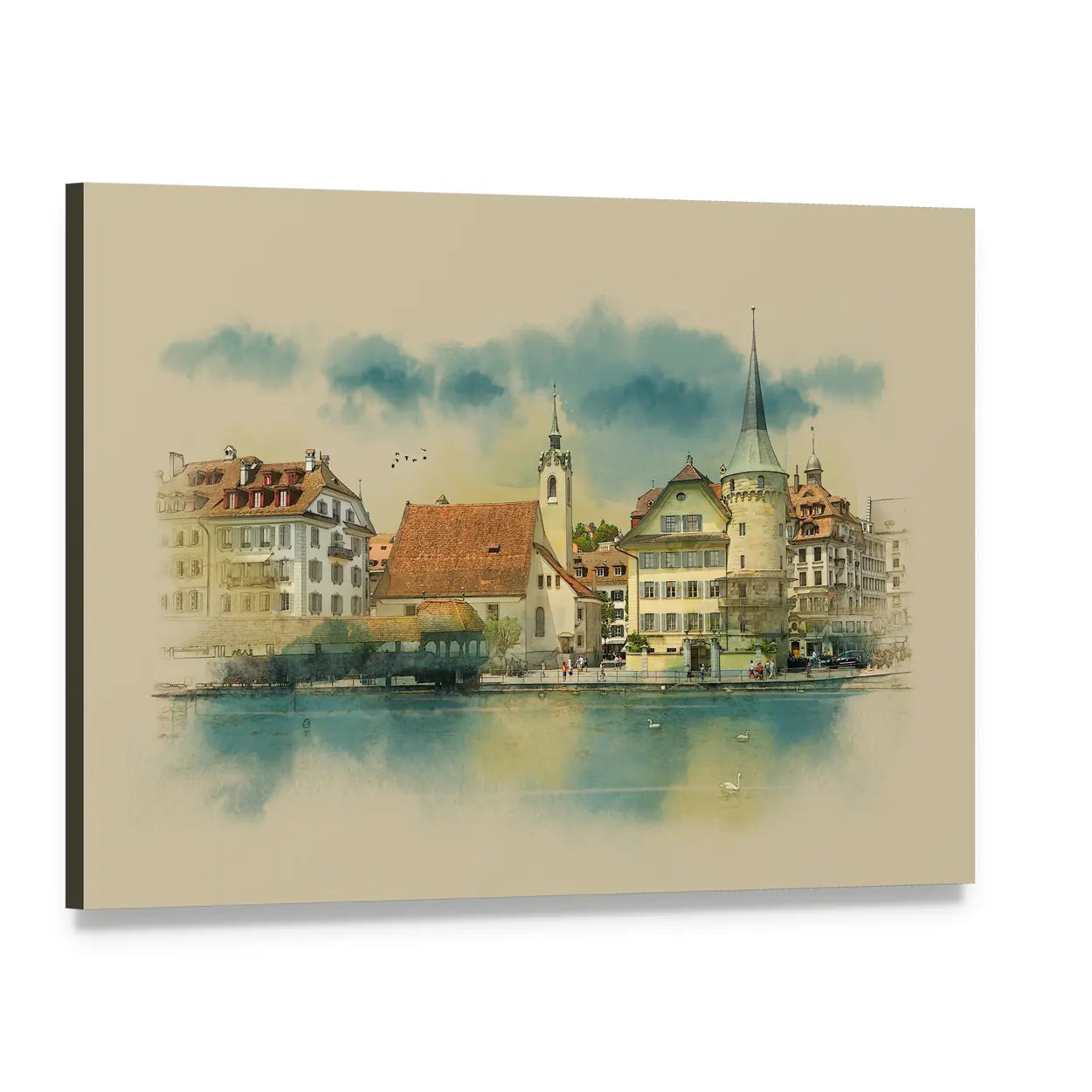 Sketch Of Lucerne Town In Switzerland Canvas Wall Art, single panel gallery wrapped canvas, angled product view