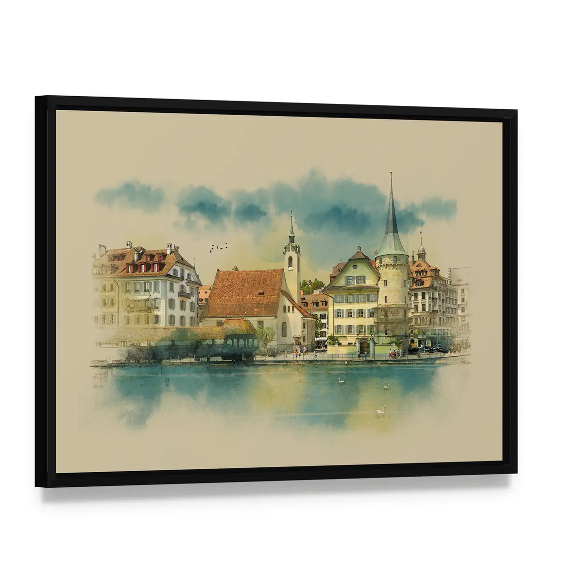 Sketch Of Lucerne Town In Switzerland Canvas Wall Art, framed canvas in a black floater frame, angled product view