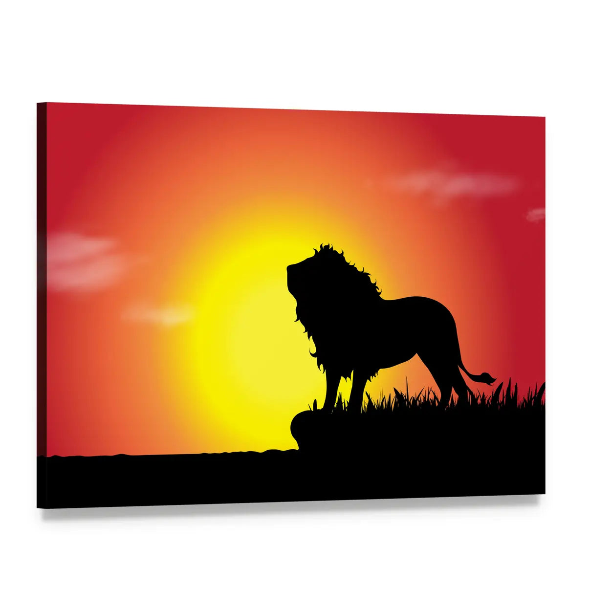 Lion Silhouette at Sunset Canvas Wall Art, single panel gallery wrapped canvas, angled product view