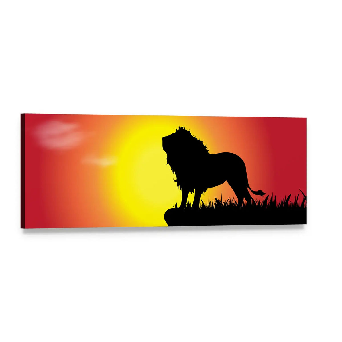 Lion Silhouette at Sunset Panoramic Canvas Wall Art, single panel gallery wrapped canvas, angled product view