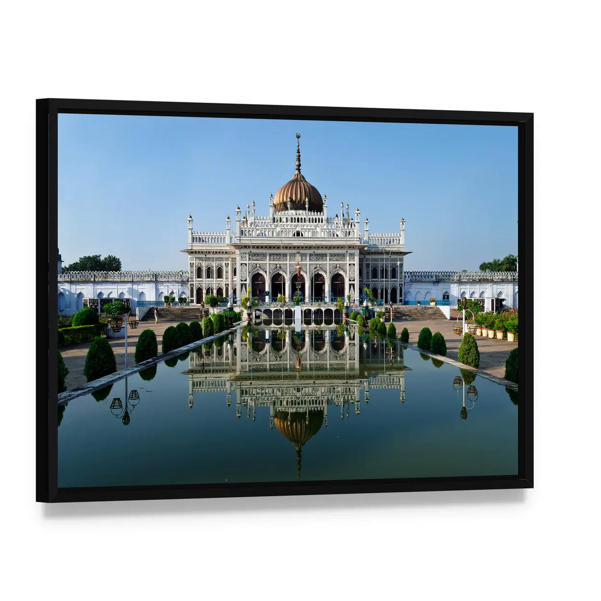 Chota Imambara in Lucknow Canvas Wall Art, framed canvas in a black floater frame, angled product view