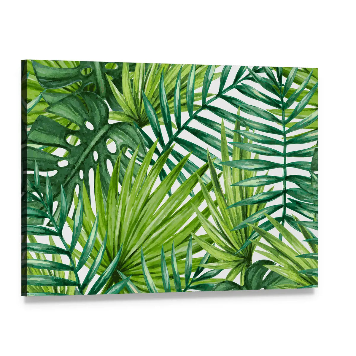 Tropical Monstera and Palm Leaves Canvas Wall Art, single panel gallery wrapped canvas, angled product view