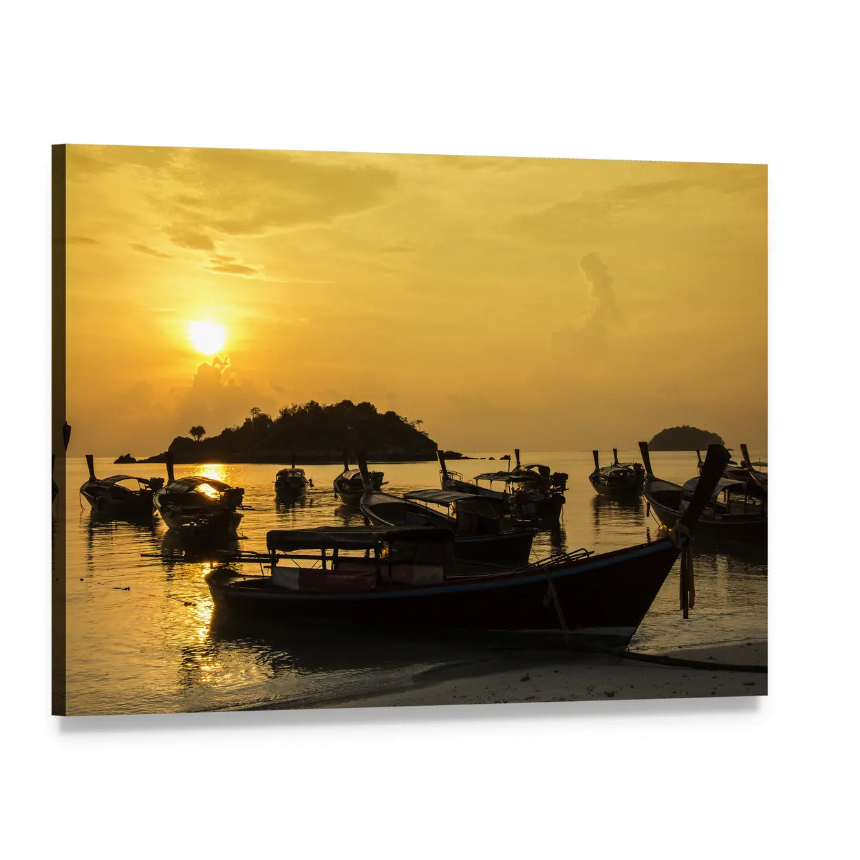 Silhouetted Fishing Boats at Sunset Canvas Wall Art, single panel gallery wrapped canvas, angled product view