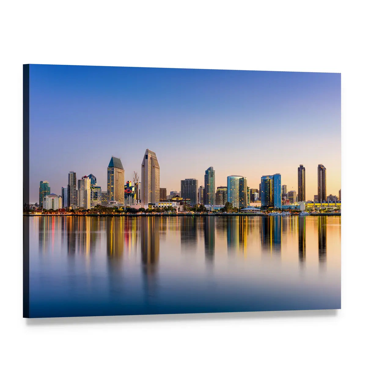 San Diego Skyline at Dusk Canvas Wall Art, single panel gallery wrapped canvas, angled product view