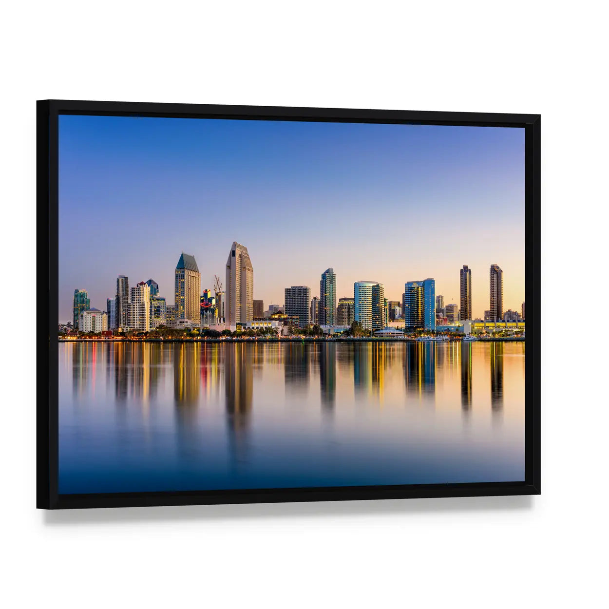 San Diego Skyline at Dusk Canvas Wall Art, framed canvas in a black floater frame, angled product view