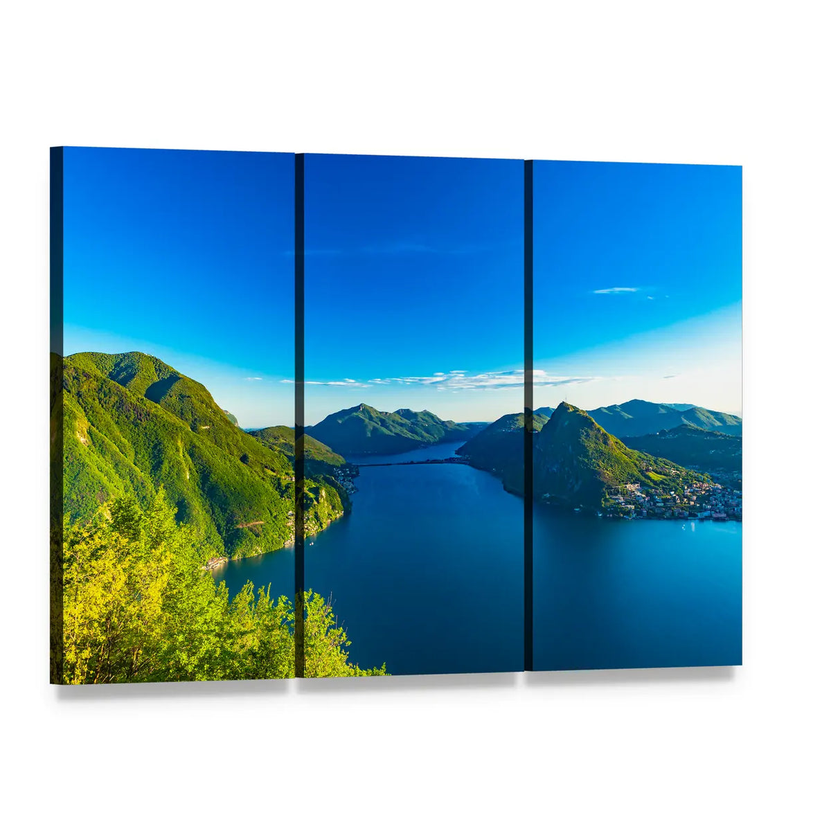 View of Lago Di Lugano Canvas Wall Art, 3 panel 3 Horizontal layout gallery wrapped canvas set, angled product view