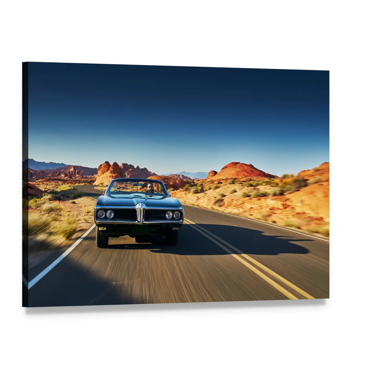 Classic Blue Muscle Car on Desert Road Canvas Wall Art, single panel gallery wrapped canvas, angled product view