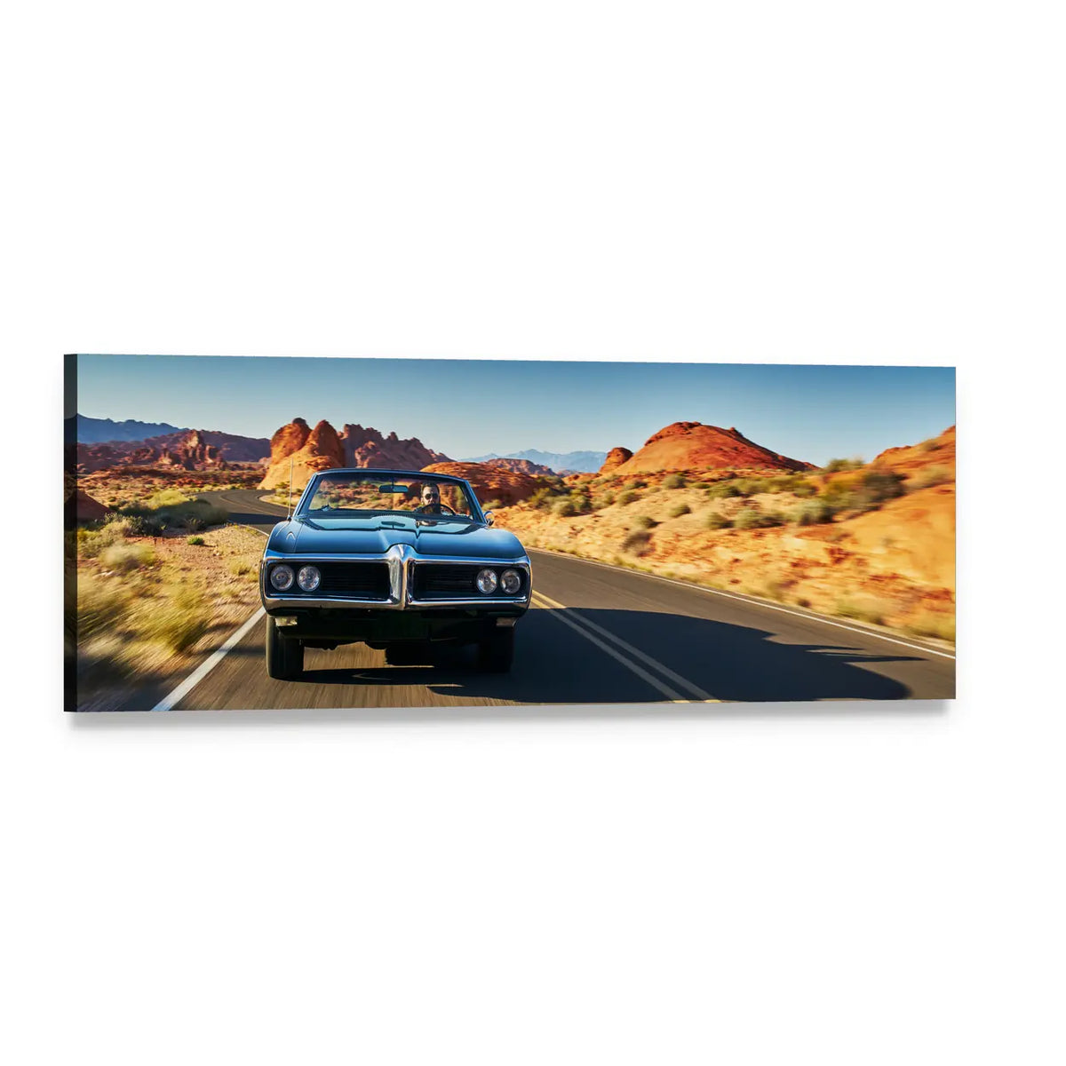 Classic Muscle Car on Desert Road Panoramic Canvas Wall Art, single panel gallery wrapped canvas, angled product view