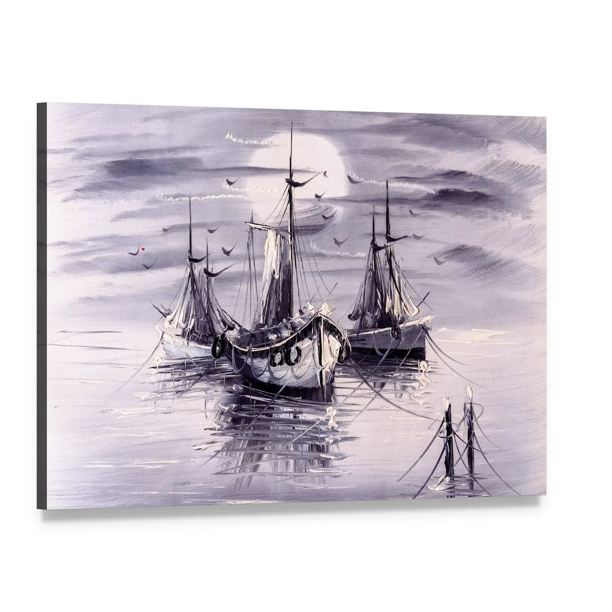 Moonlit Sailing Ships with Purple Reflections Canvas Wall Art, single panel gallery wrapped canvas, angled product view
