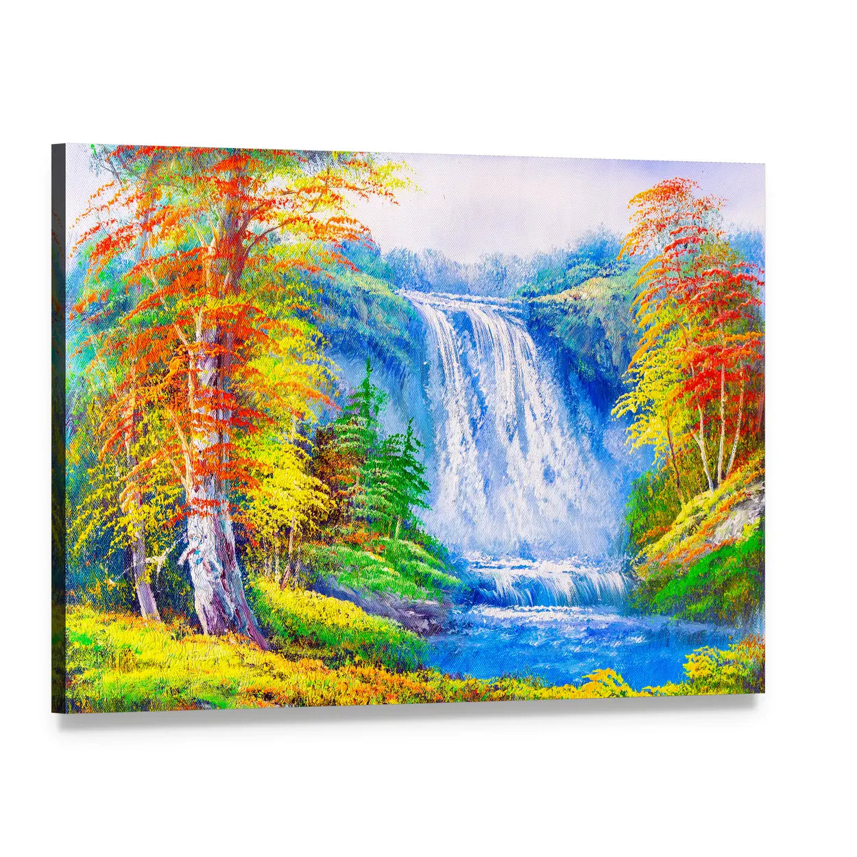 Autumn Waterfall with Colorful Foliage Canvas Wall Art, single panel gallery wrapped canvas, angled product view