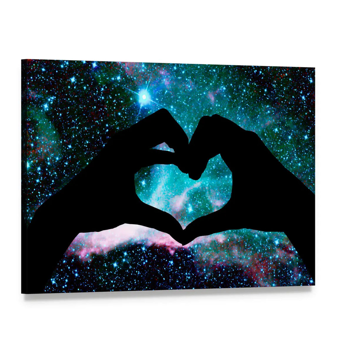 Hands Forming Heart Over Starry Sky Canvas Wall Art, single panel gallery wrapped canvas, angled product view