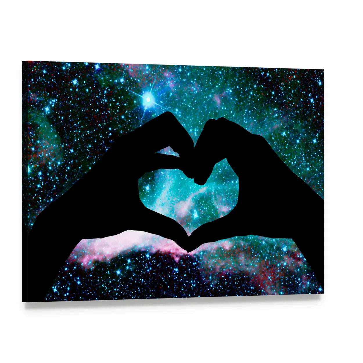 Hands Forming Heart Over Starry Sky Canvas Wall Art, single panel gallery wrapped canvas, angled product view