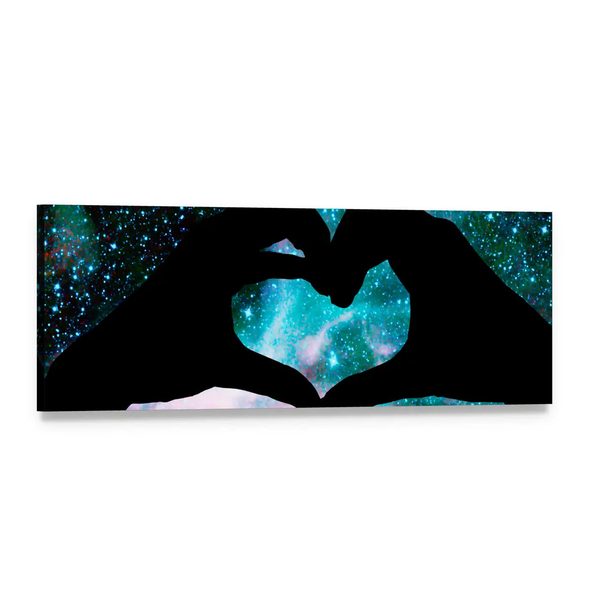Hands Forming Heart in Starry Galaxy Panoramic Canvas Wall Art, single panel gallery wrapped canvas, angled product view
