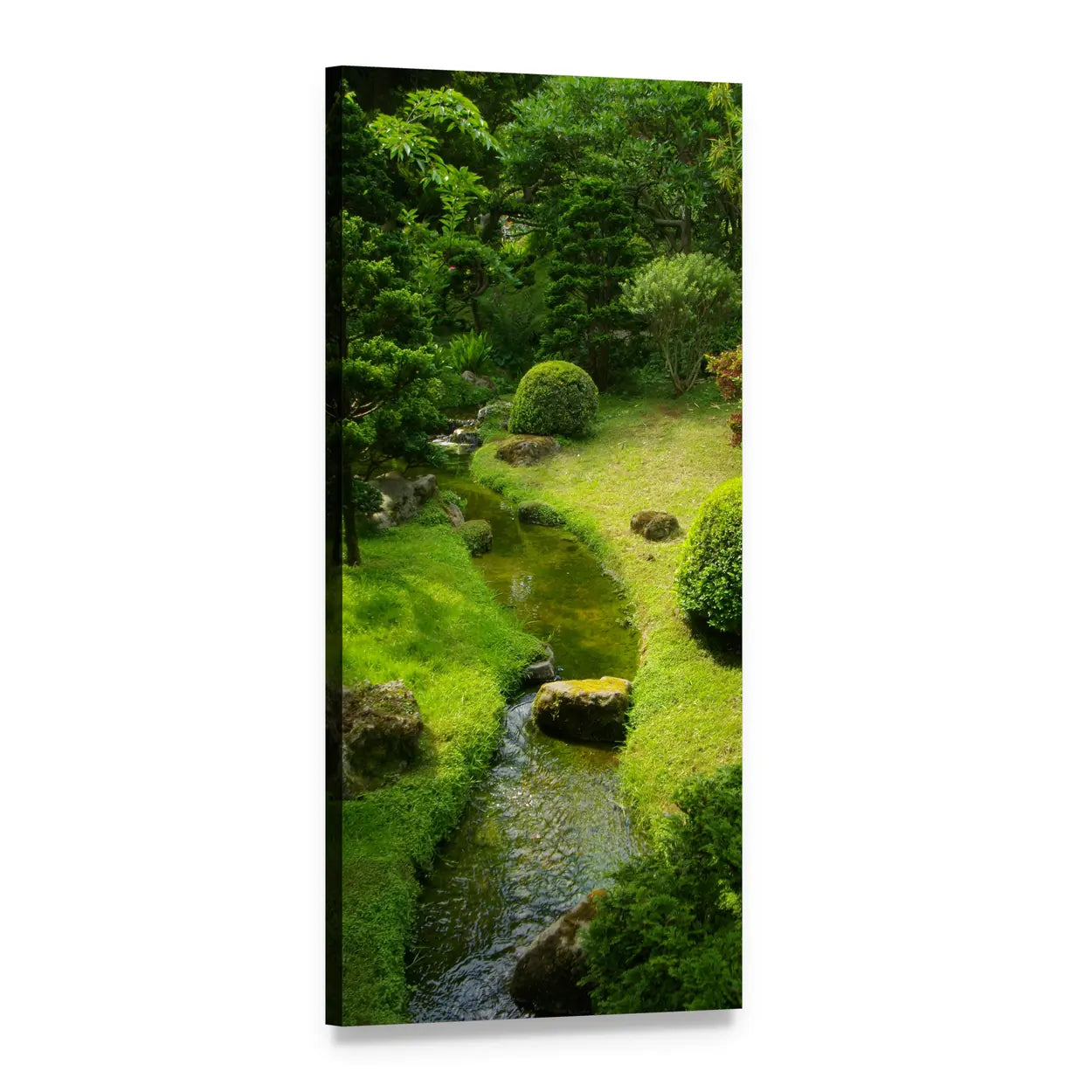 Lush Zen Garden with Stream Vertical Canvas Wall Art, 1 panel 1 Vertical layout gallery wrapped canvas set, angled product view