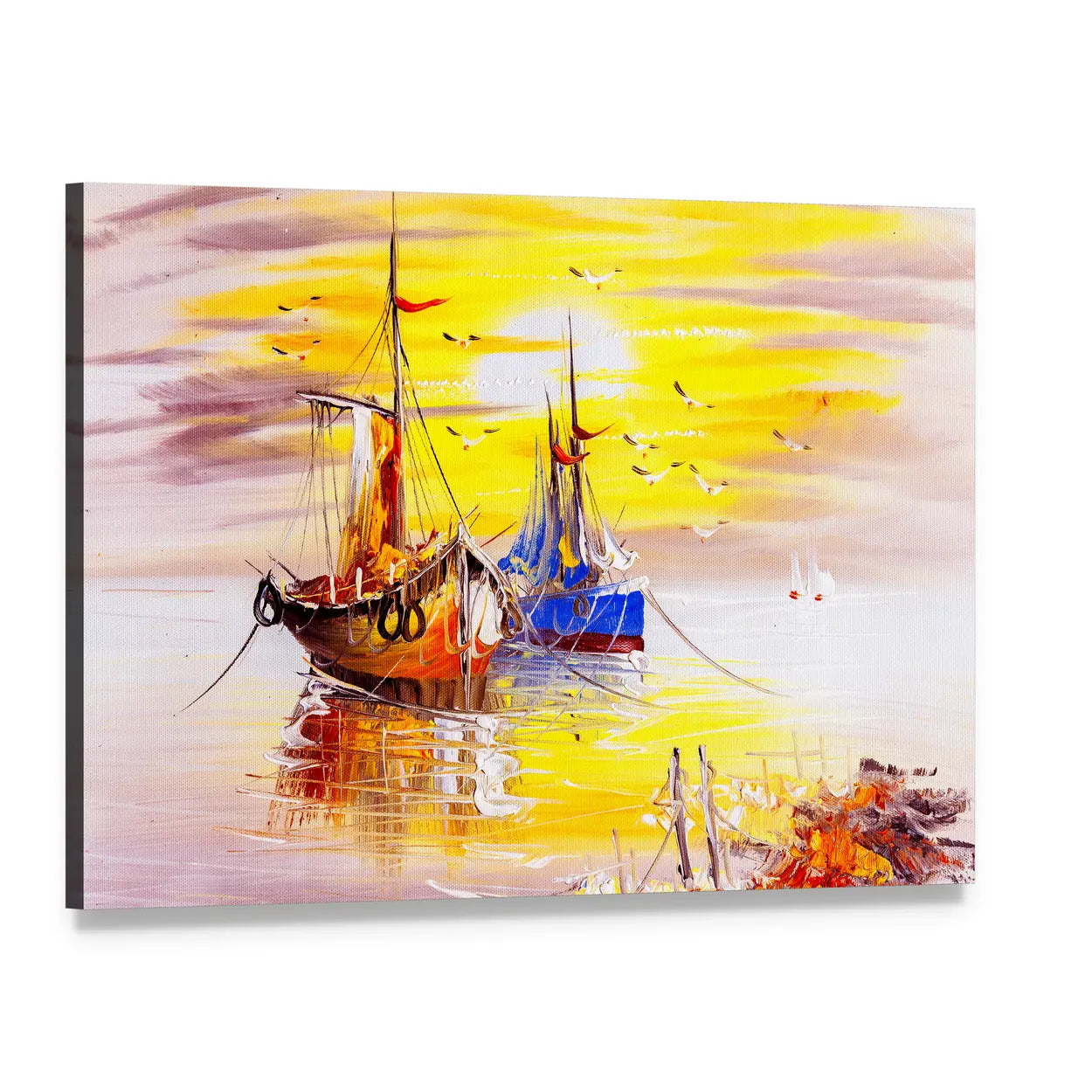 Fishing Boats at Sunset Canvas Wall Art, single panel gallery wrapped canvas, angled product view