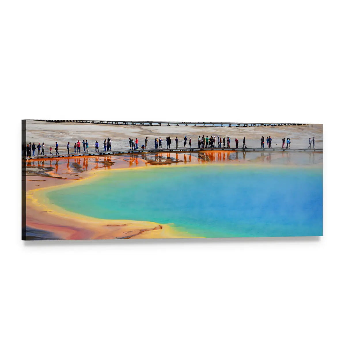 Grand Prismatic Spring Wyoming Panoramic Canvas Wall Art, single panel gallery wrapped canvas, angled product view