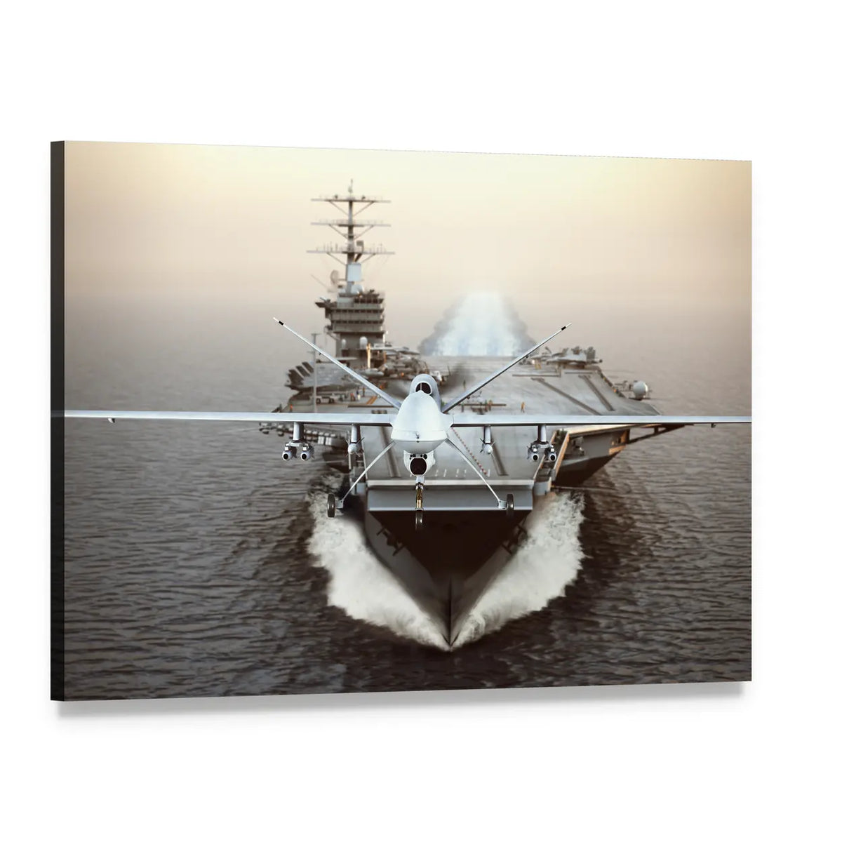 Aircraft Carrier with X-47b Stealth Drone Canvas Wall Art, single panel gallery wrapped canvas, angled product view