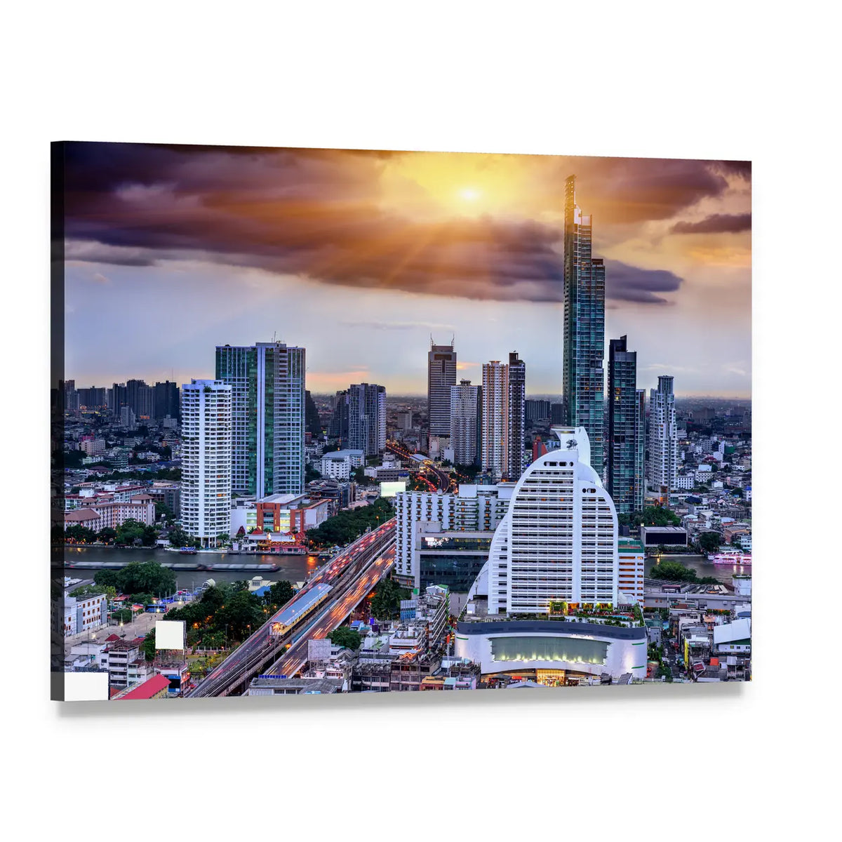 Stormy Sunset Over Bangkok Skyline Canvas Wall Art, single panel gallery wrapped canvas, angled product view