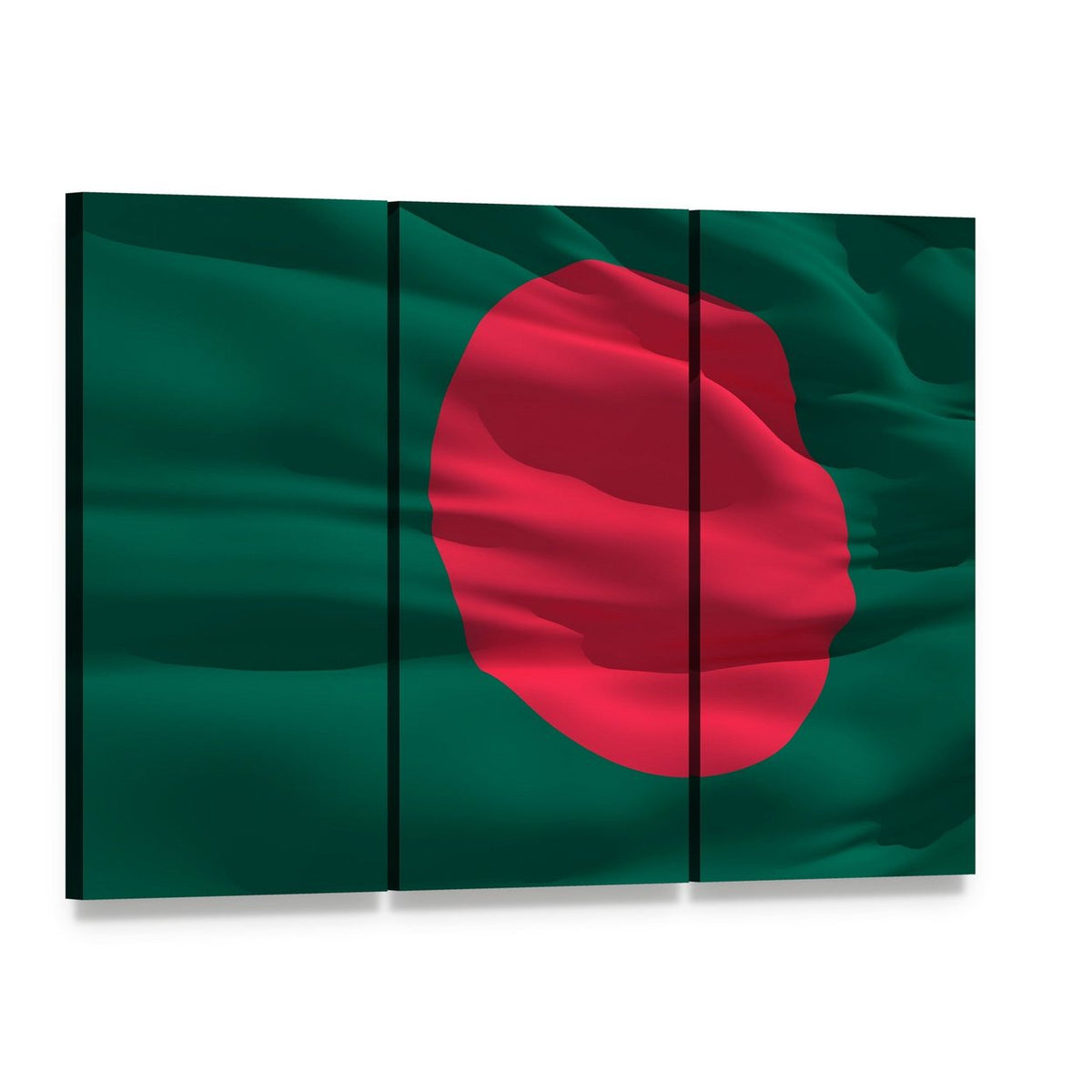 Waving Bangladesh Flag Canvas Wall Art, 3 panel 3 Horizontal layout gallery wrapped canvas set, angled product view