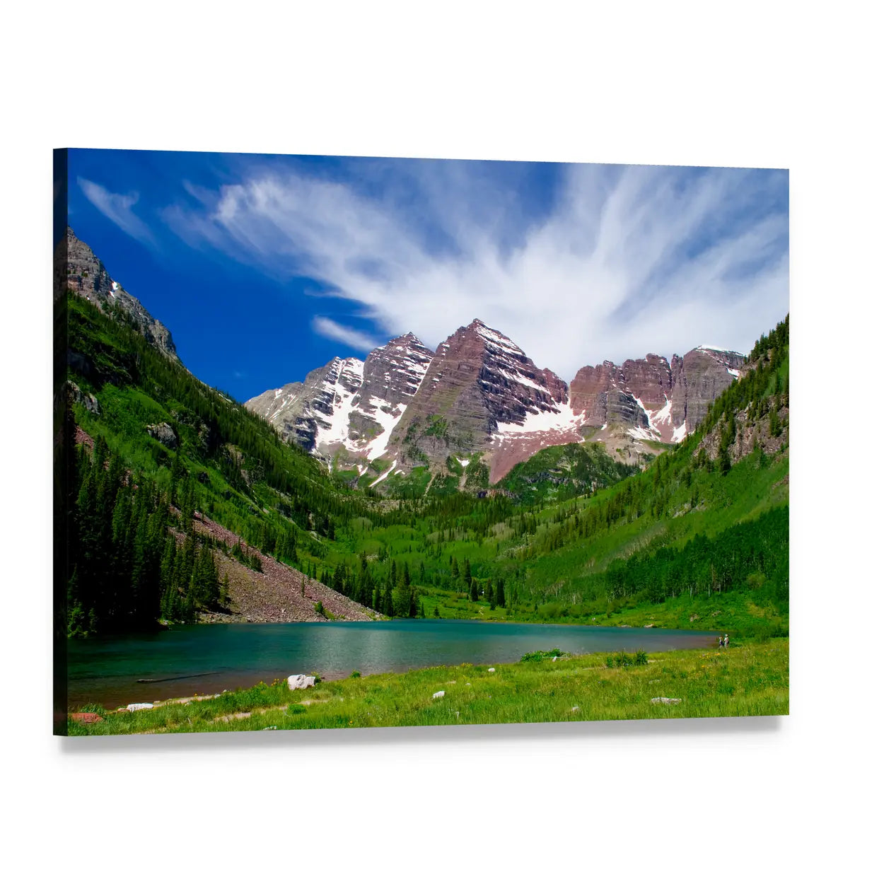Maroon Bells Alpine Lake and Mountain Peaks Canvas Wall Art, single panel gallery wrapped canvas, angled product view