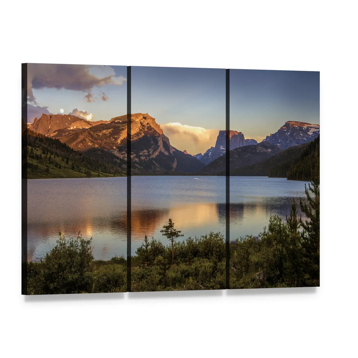 White Rock Mountains Above Green River Lakes Canvas Wall Art, 3 panel 3 Horizontal layout gallery wrapped canvas set, angled product view