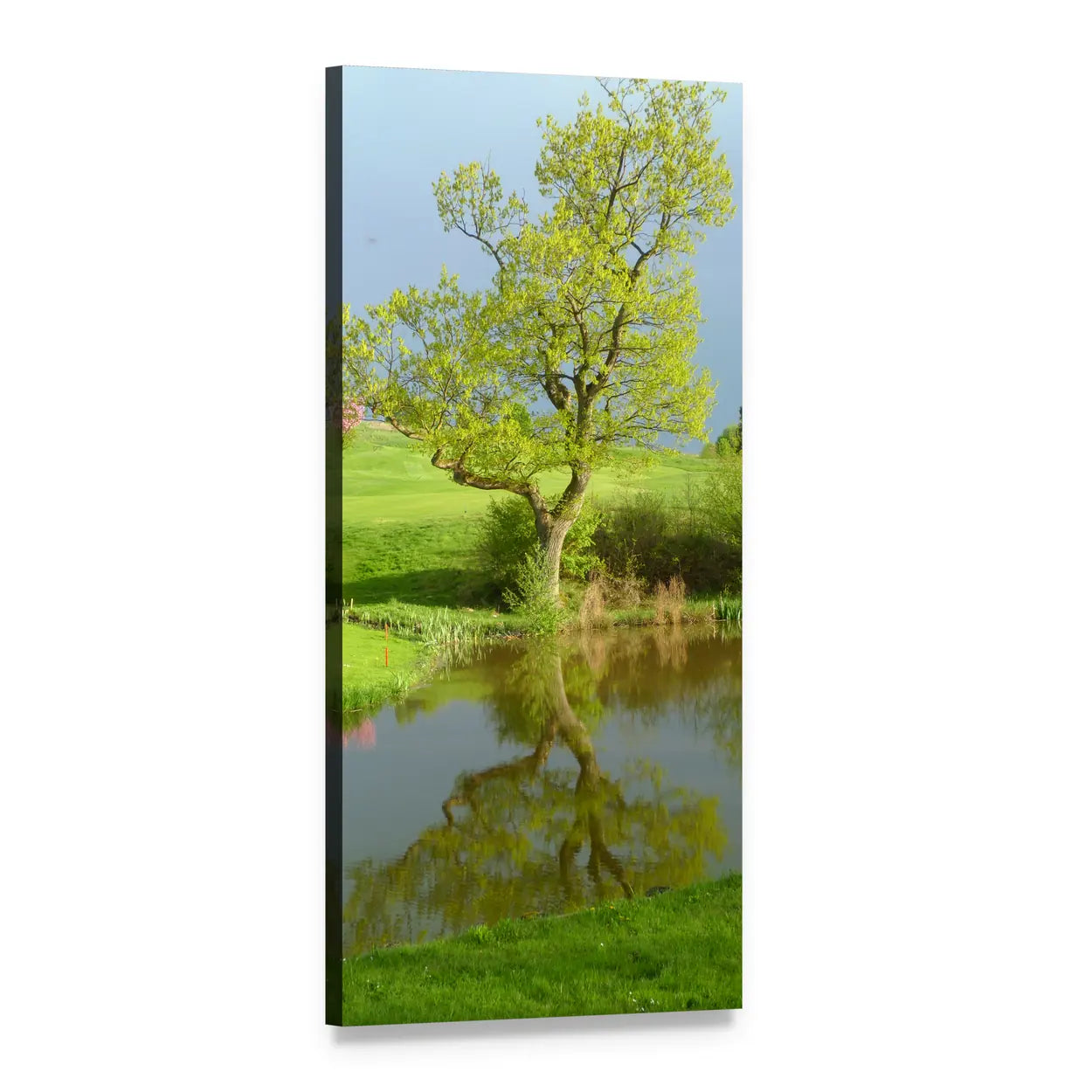 Golf Course Pond Reflection Vertical Canvas Wall Art, 1 panel 1 Vertical layout gallery wrapped canvas set, angled product view