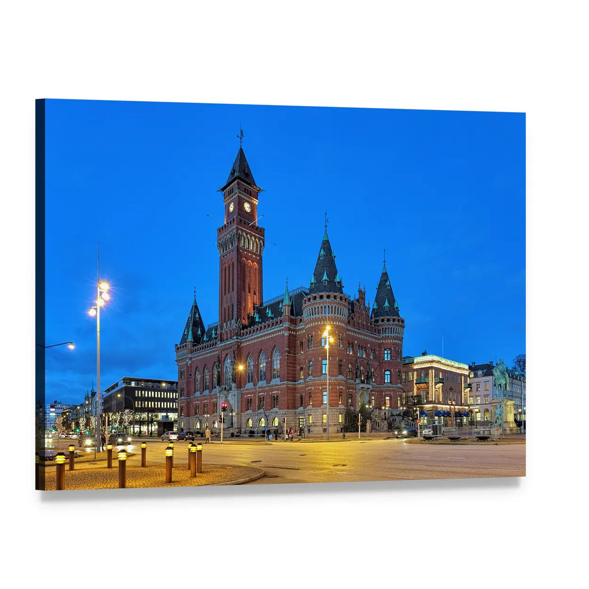 Helsingborg City Hall at Night Canvas Wall Art, single panel gallery wrapped canvas, angled product view