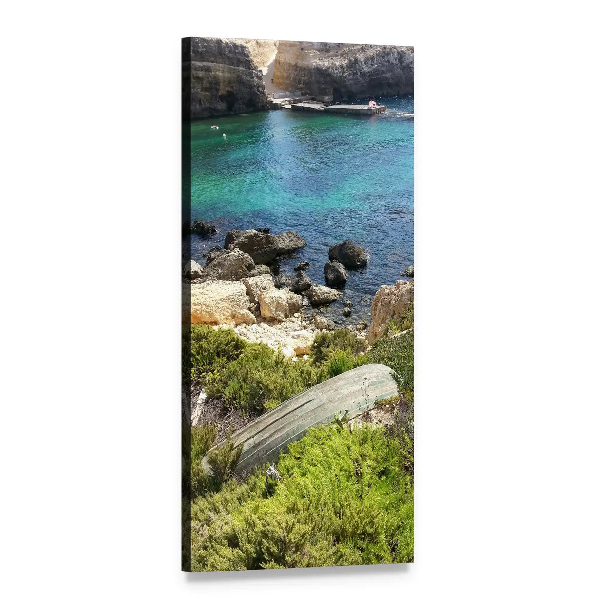 Malta Cove with Weathered Wooden Boat Vertical Canvas Wall Art, 1 panel 1 Vertical layout gallery wrapped canvas set, angled product view