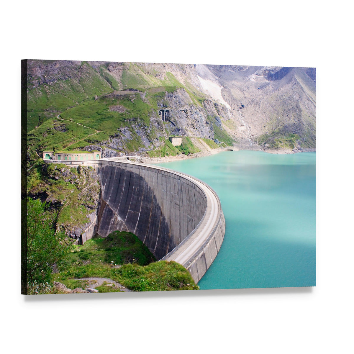 Kaprun Dam Over Turquoise Reservoir Canvas Wall Art, single panel gallery wrapped canvas, angled product view