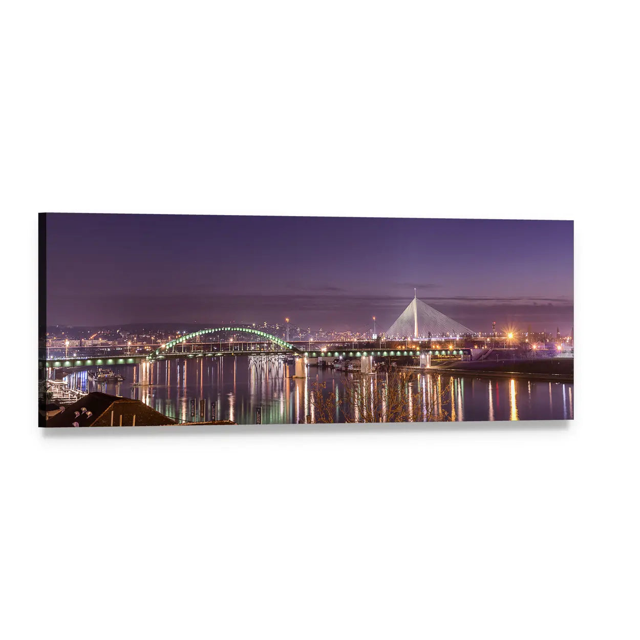 Belgrade Bridges at Night Panoramic Canvas Wall Art, single panel gallery wrapped canvas, angled product view