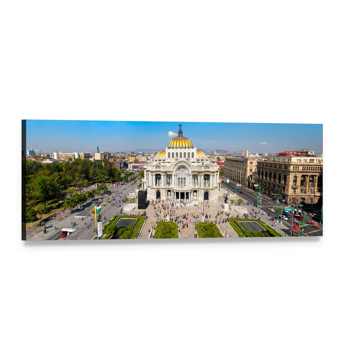 Palacio De Bellas Artes Panoramic Canvas Wall Art, single panel gallery wrapped canvas, angled product view