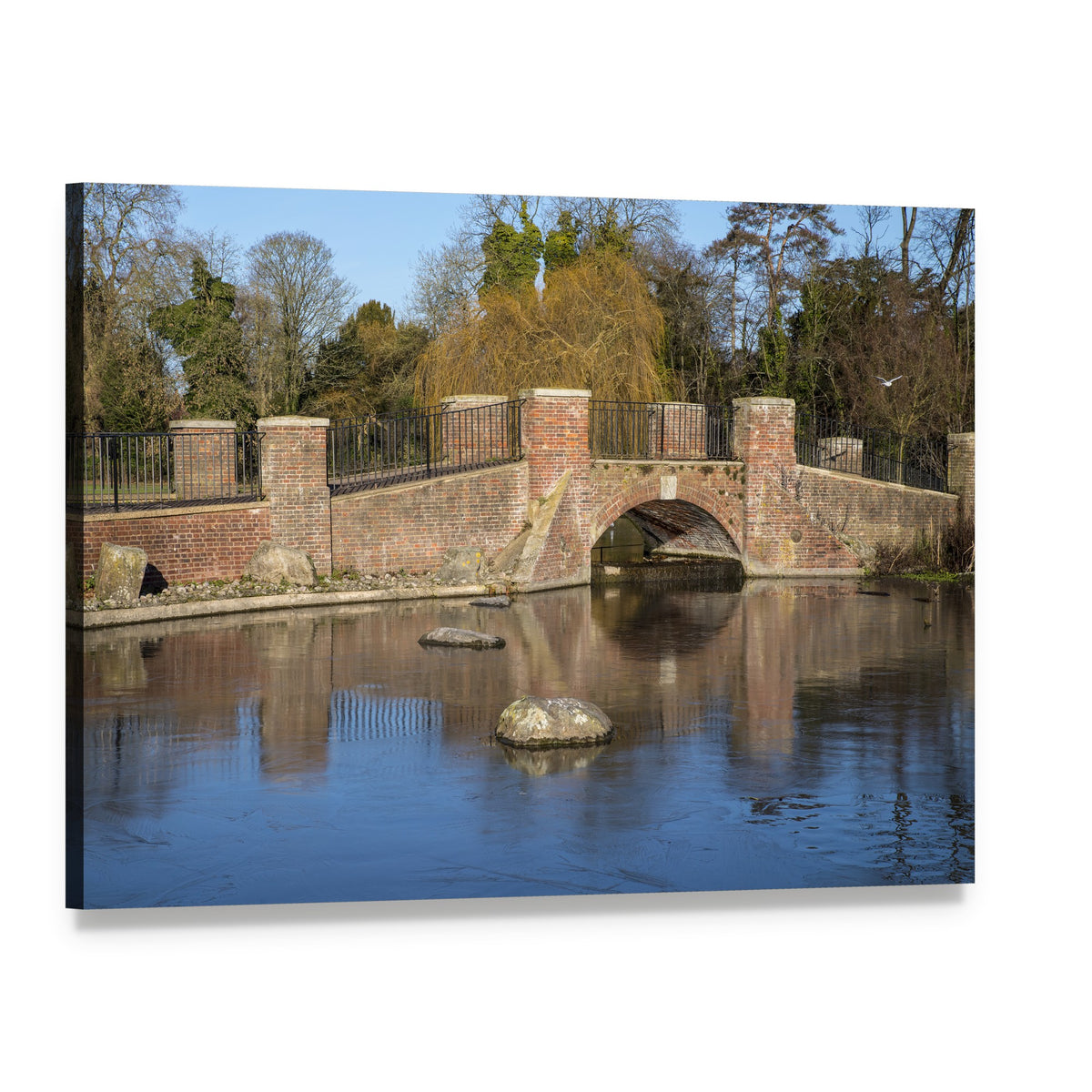 Brick Arch Bridge Over Lake Canvas Wall Art, single panel gallery wrapped canvas, angled product view