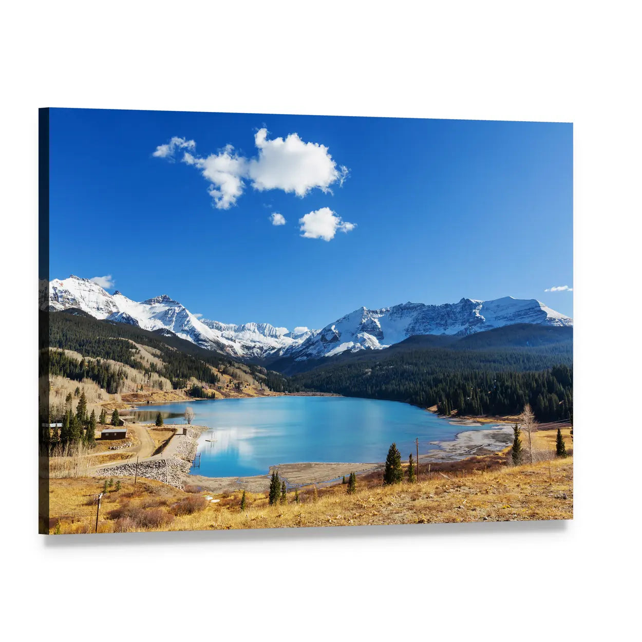 Alpine Lake with Snow-capped Mountains Canvas Wall Art, single panel gallery wrapped canvas, angled product view
