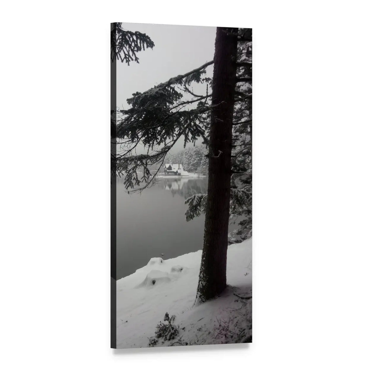Winter Lake with Snow-laden Tree Vertical Canvas Wall Art, 1 panel 1 Vertical layout gallery wrapped canvas set, angled product view