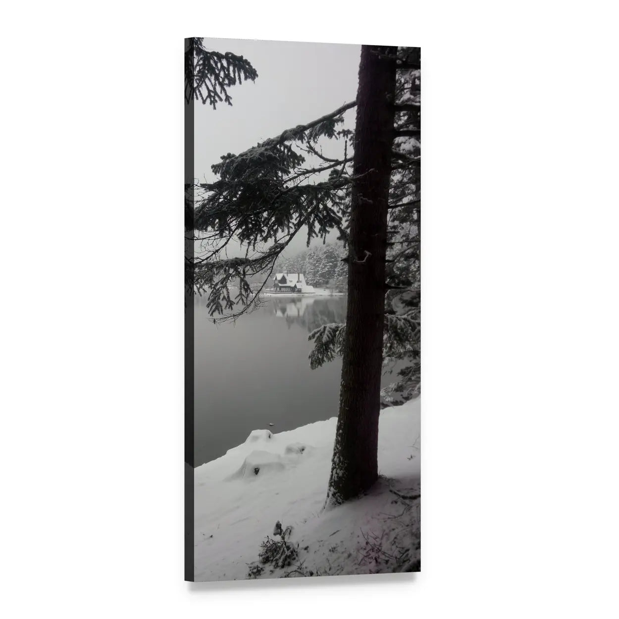 Winter Lake with Snow-laden Tree Vertical Canvas Wall Art, 1 panel 1 Vertical layout gallery wrapped canvas set, angled product view