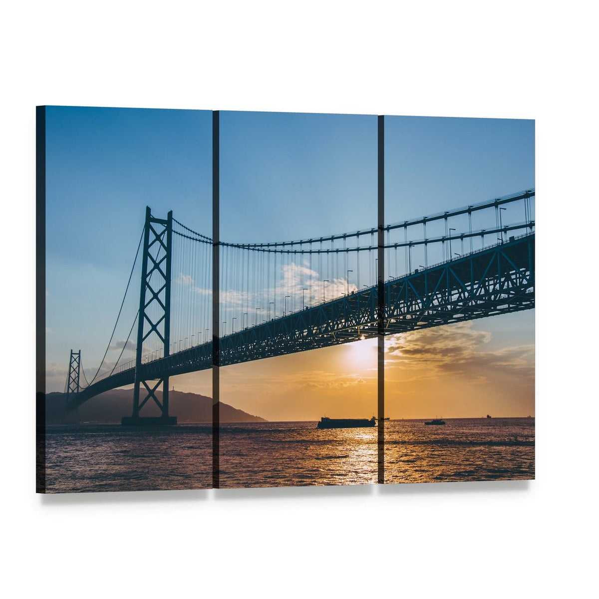 Sunset Over Suspension Bridge and Cargo Ships Canvas Wall Art, 3 panel 3 Horizontal layout gallery wrapped canvas set, angled product view