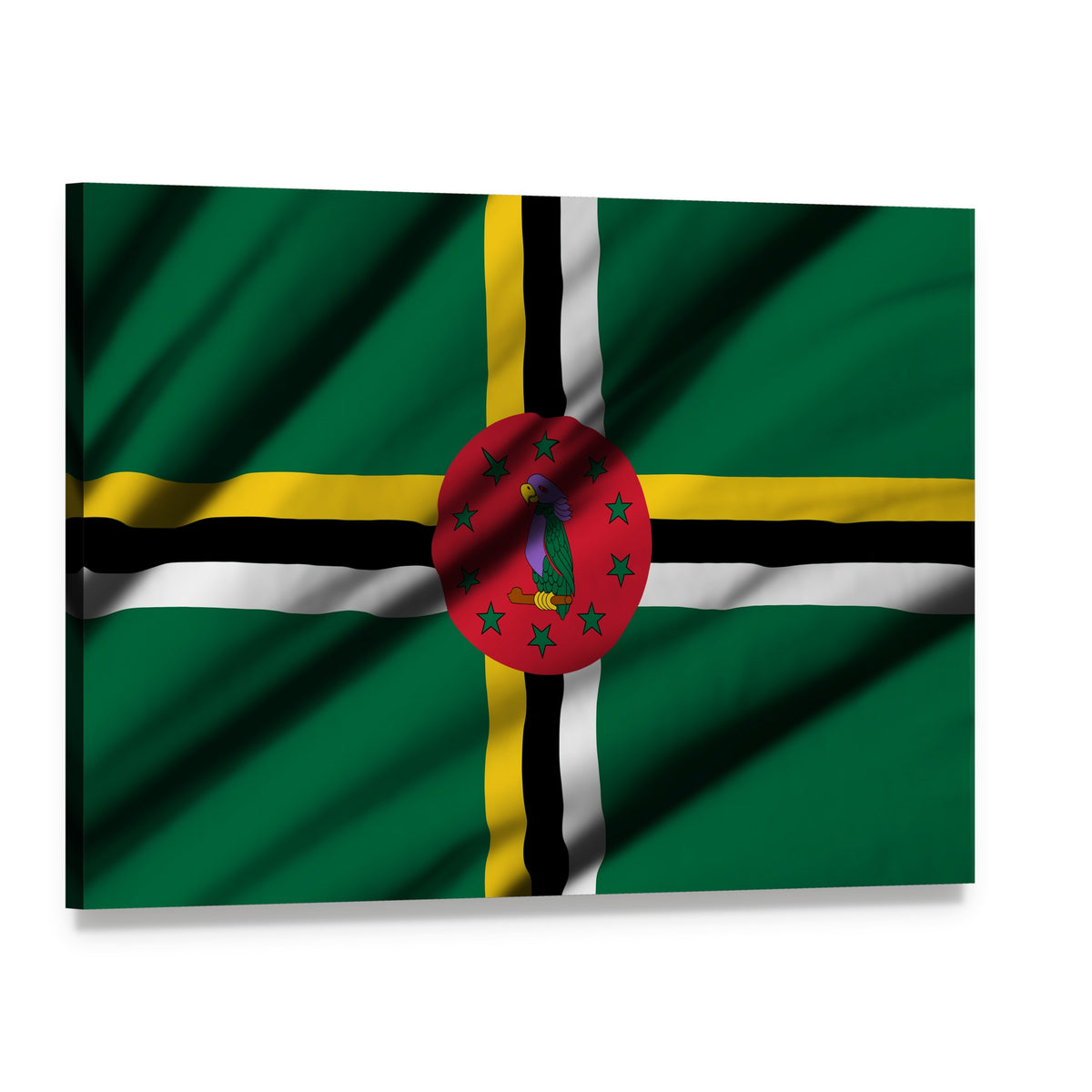 Dominica Flag with Sisserou Parrot Canvas Wall Art, single panel gallery wrapped canvas, angled product view