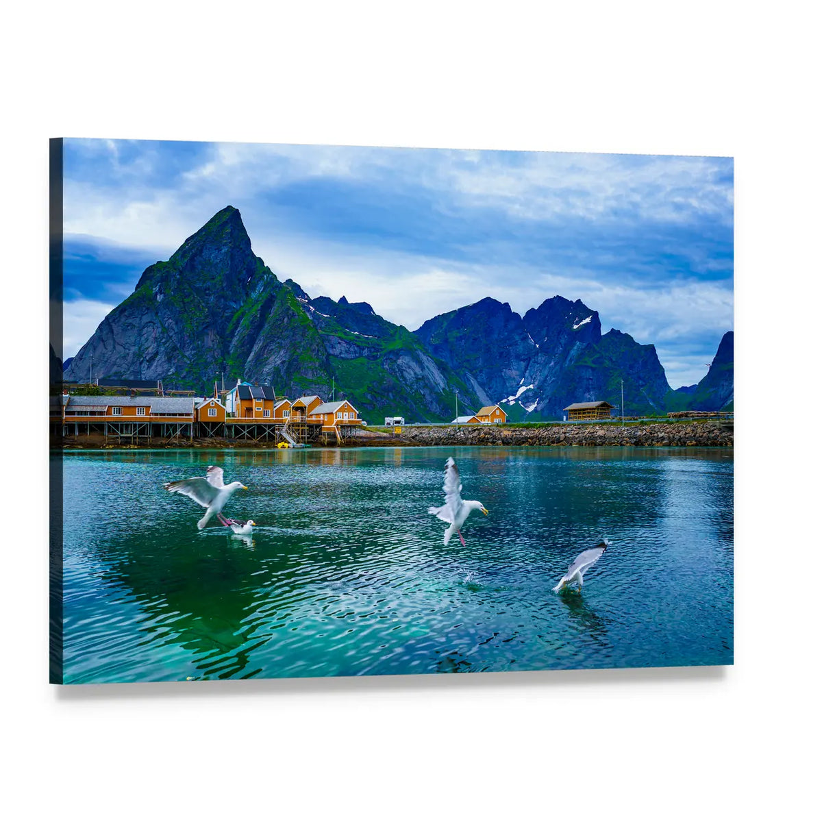 Norwegian Lake with Mountain Village Canvas Wall Art, single panel gallery wrapped canvas, angled product view