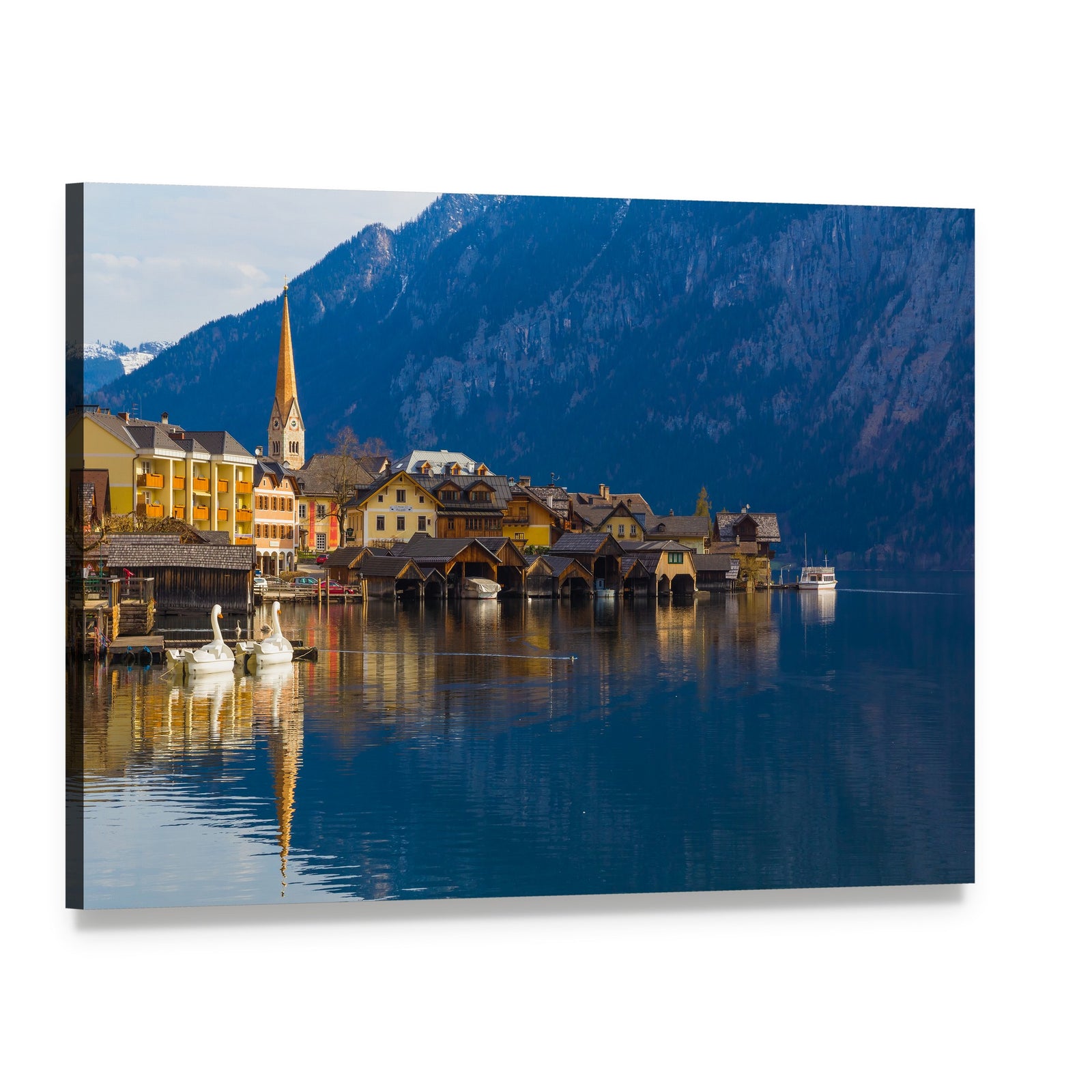 Wooden Houses of Hallstatt on Serene Lake Canvas Wall Art, single panel gallery wrapped canvas, angled product view