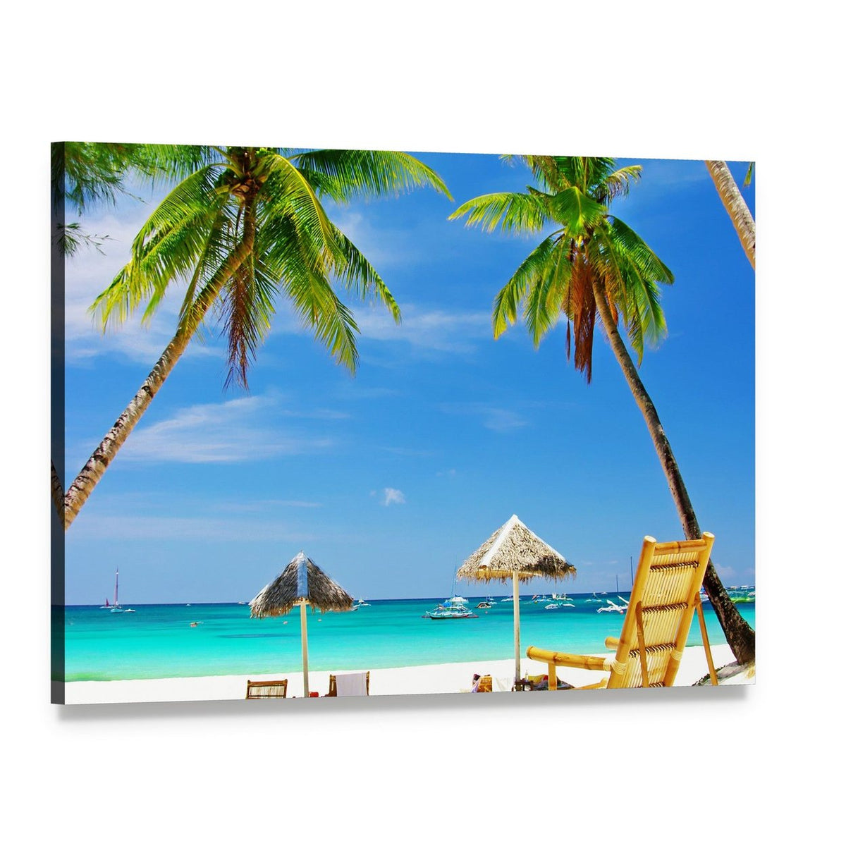 Tropical Beach View with Palm Trees Canvas Wall Art, single panel gallery wrapped canvas, angled product view