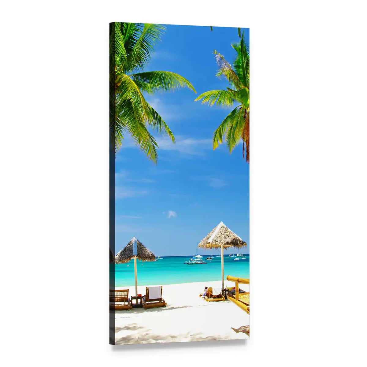 Tropical Beach with Palapas and Lounge Chairs Vertical Canvas Wall Art, 1 panel 1 Vertical layout gallery wrapped canvas set, angled product view
