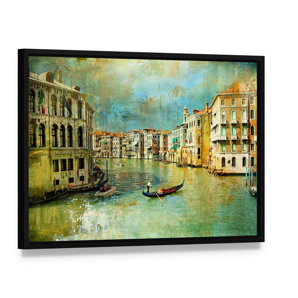 Venice Canal Gondola Painting Canvas Wall Art, framed canvas in a black floater frame, angled product view