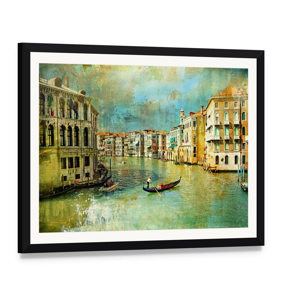 Venice Canal Gondola Painting Canvas Wall Art, framed print with white mat and black frame, angled product view